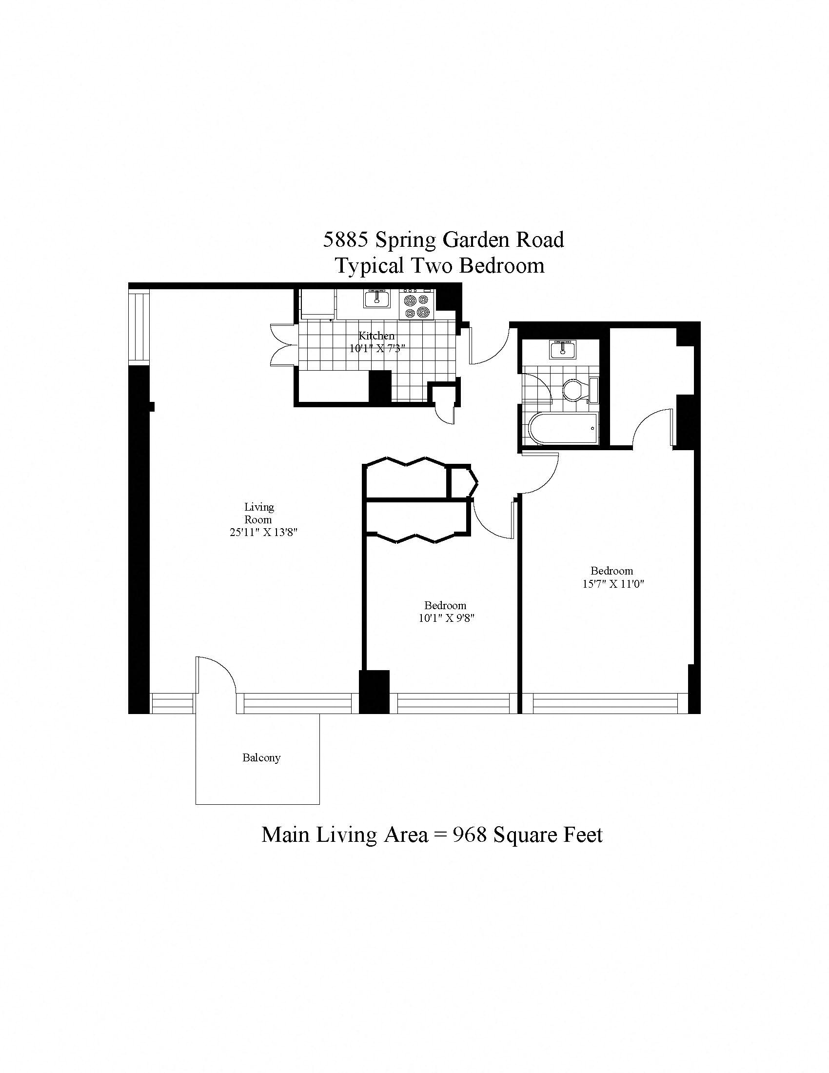 Floor plan for 2 beds, 1 bath, 968 sqft